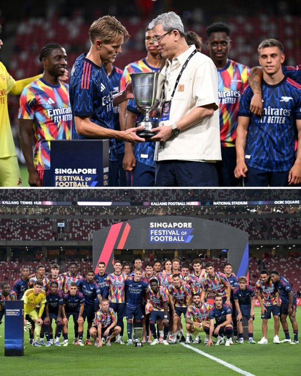 友情  赛阿森纳1-0战胜AC米兰，领队  厄德高接过第一名  奖杯