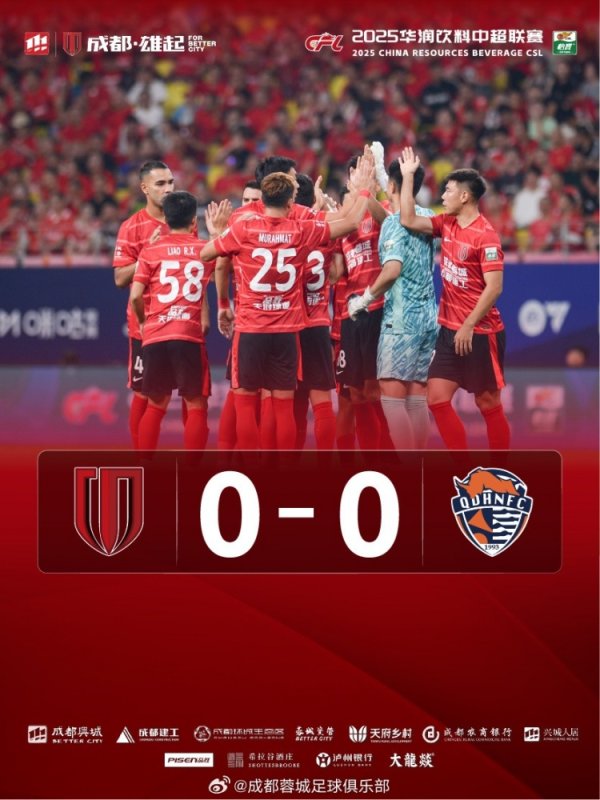 成都蓉城0-0战平青岛海牛，蹇韬当选本场赛事  最佳球员