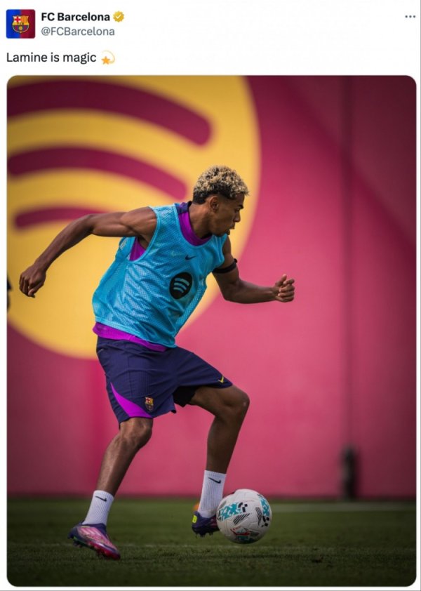 复出在即！巴萨社媒晒亚马尔练习  照：拉明就是魔法般的存在💫