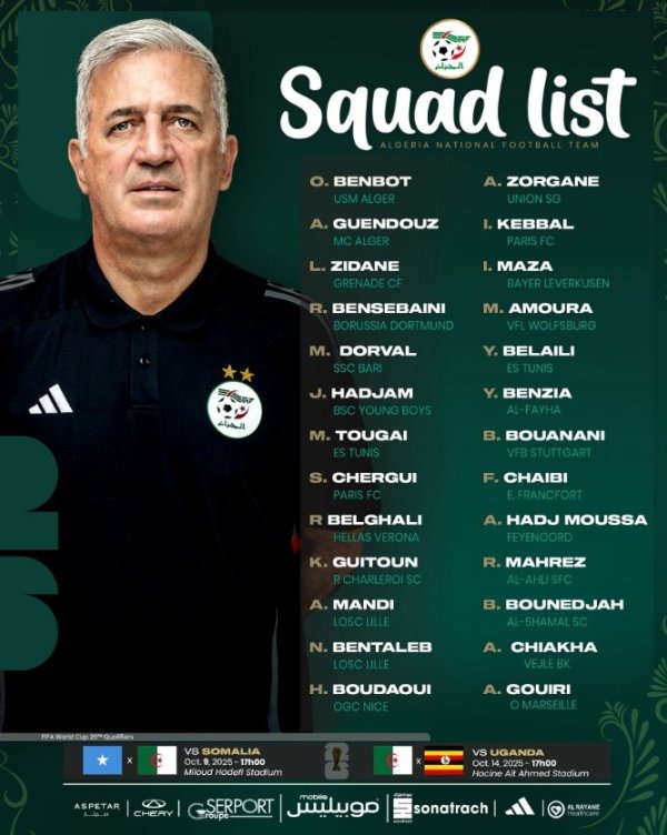 阿尔及利亚大名单:马赫雷斯、本塞拜尼领衔,齐达内之子卢卡入选 阿尔及利亚大名单:马赫雷斯、本塞拜尼领衔,齐达内之子卢卡入选