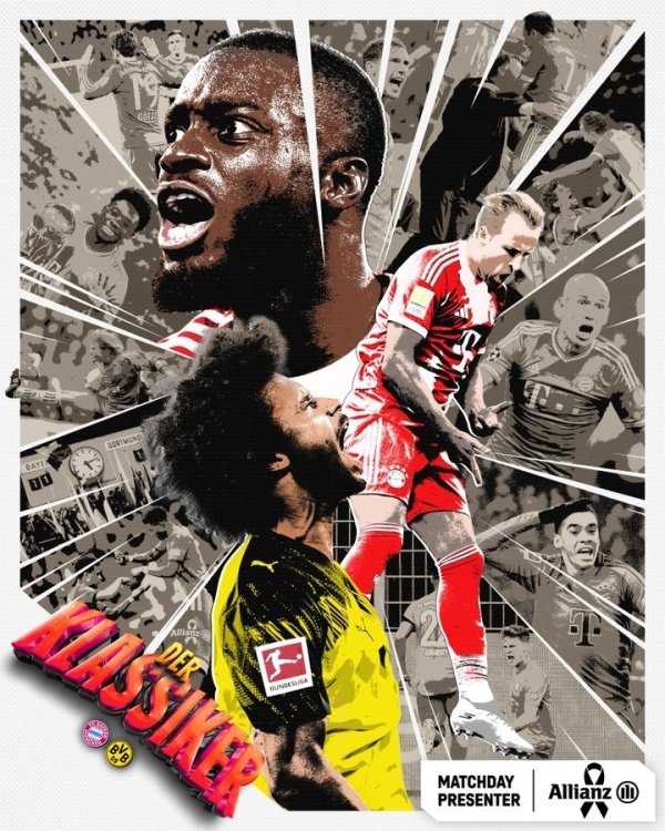 德国国家德比！拜仁晒战多特预热海报：拼贴画风格！于帕凯恩出镜